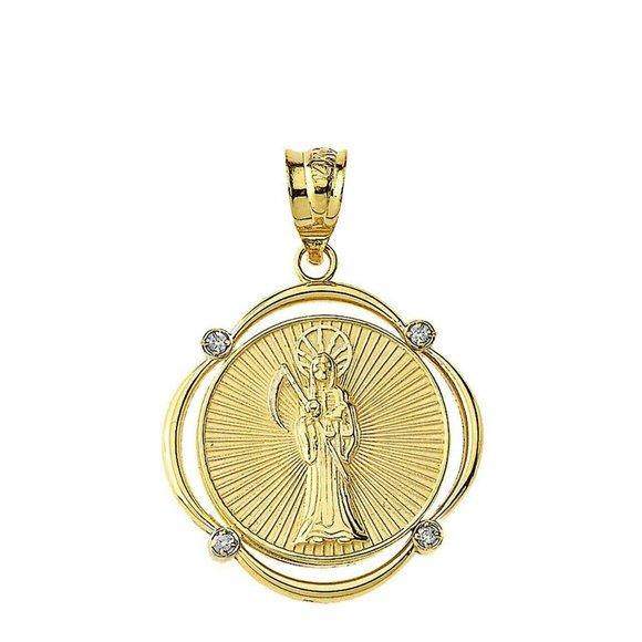 10k Solid Gold Santa Muerte Diamond Halo Pendant